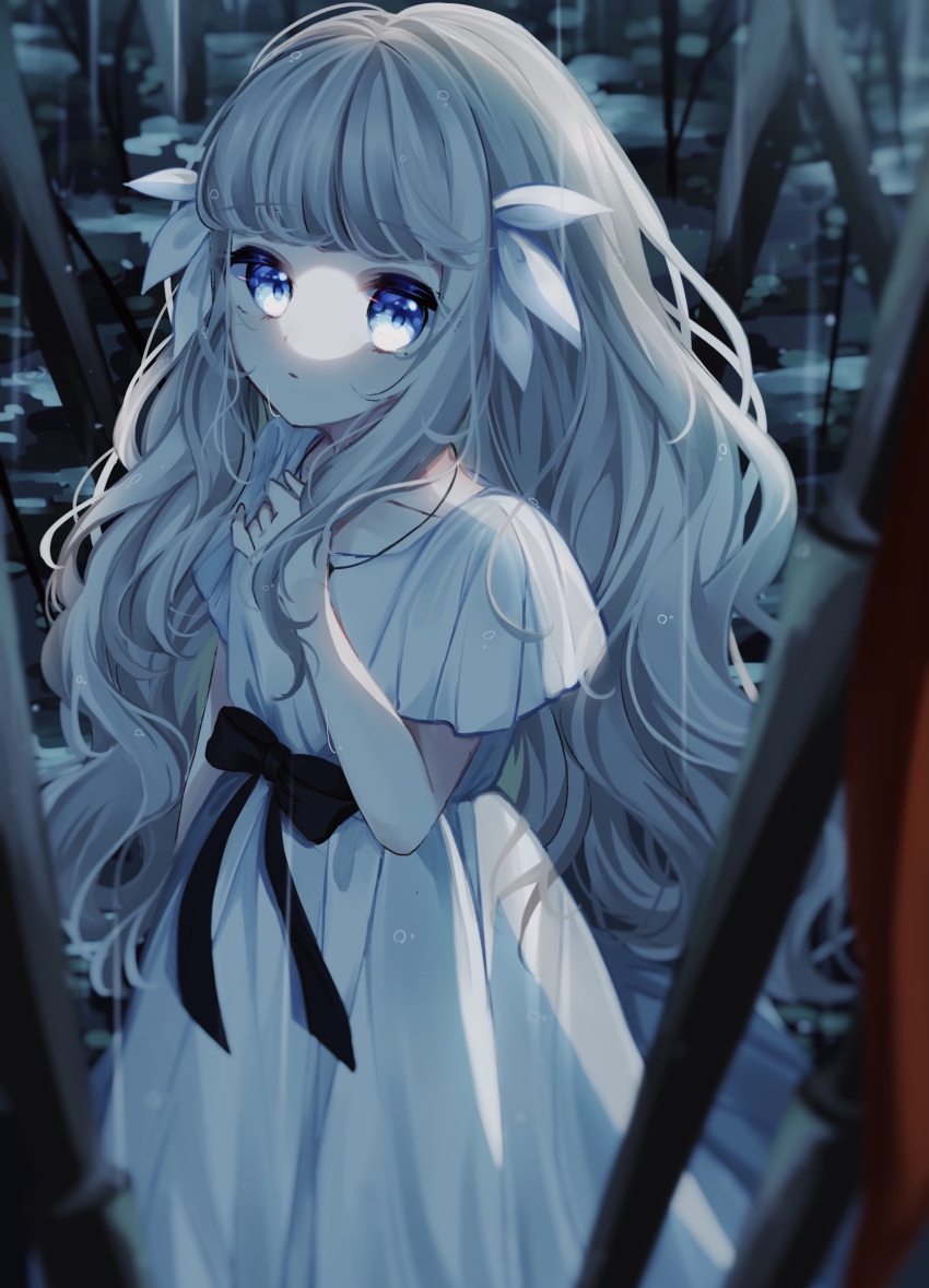 1girl absurdres black_ribbon blue_eyes commentary_request dress ender_lilies_quietus_of_the_knights expressionless feet_out_of_frame grey_hair hair_ornament highres lily_(ender_lilies) long_hair looking_at_viewer mo_nasu ribbon short_sleeves solo wavy_hair white_dress