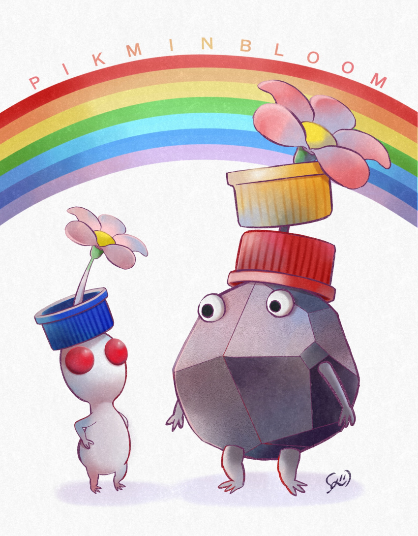 black_eyes black_skin bottle_cap colored_skin commentary copyright_name flower hands_on_own_hips height_difference highres looking_at_another no_humans no_mouth pikmin_(creature) pikmin_(series) pikmin_bloom pink_flower rainbow red_eyes red_flower rock rock_pikmin sarii_osaka shadow signature solid_circle_eyes white_background white_pikmin white_skin