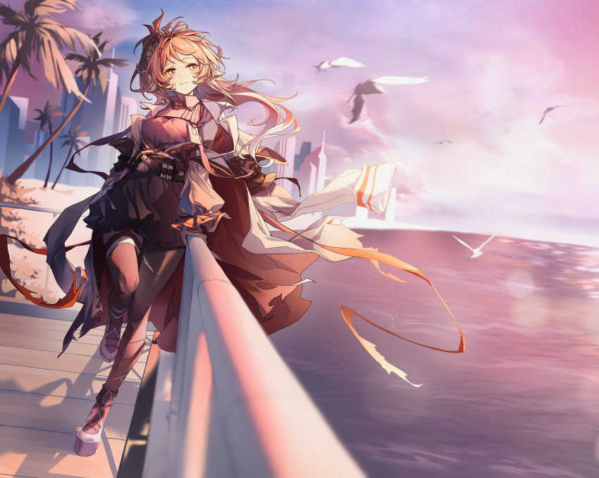 1girl absurdres animal_ears arknights beach bird black_pantyhose black_skirt black_thighhighs blush bridge brown_eyes brown_hair building closed_mouth coat collared_shirt eyjafjalla_(arknights) eyjafjalla_the_hvit_aska_(arknights) floating_hair highres horns light_smile long_hair long_sleeves looking_at_viewer official_alternate_costume open_clothes open_coat palm_tree pantyhose pink_shirt ponytail railing sand seagull sheep_ears sheep_girl sheep_horns shirt shoes single_leg_pantyhose single_thighhigh skirt skyscraper solo standing standing_on_one_leg thigh-highs torn_clothes torn_pantyhose tree umie_(iowae) water white_coat white_footwear