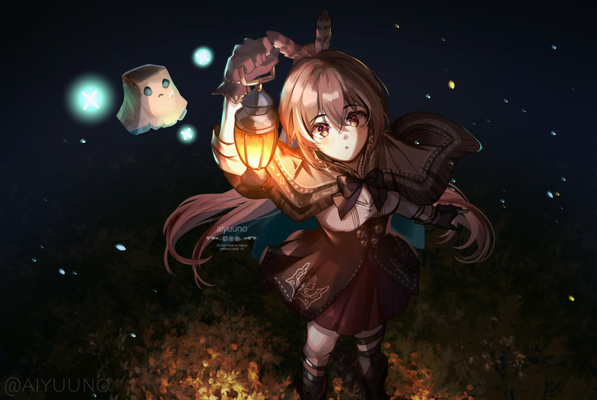 1girl :o absurdres ahoge aisaka_yunoha_(artist) ankle_boots asymmetrical_legwear autumn_leaves boots brown_capelet brown_cloak brown_corset brown_eyes brown_hair cape capelet cloak corset crossed_bangs friend_(nanashi_mumei) from_above gloves highres holding holding_lantern hololive hololive_english kneehighs lantern looking_at_viewer miniskirt multicolored_hair nanashi_mumei nanashi_mumei_(1st_costume) partially_fingerless_gloves pleated_skirt red_skirt ribbon runes shirt single_kneehigh single_sock single_thighhigh skirt sky socks star_(sky) starry_sky streaked_hair thigh-highs virtual_youtuber white_shirt