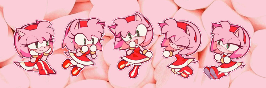 1girl amy_rose animal_ears animal_nose bad_link blush boots chibi closed_eyes closed_mouth dress furry furry_female gloves green_eyes hairband merry_bongbong multiple_views open_mouth pink_theme red_dress red_footwear red_hairband sitting smile sonic_(series) tail white_gloves