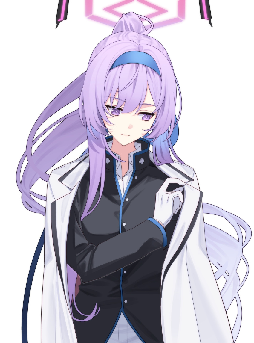 1girl absurdres alternate_hairstyle blue_archive chip_le_cree facing_to_the_side feet_out_of_frame floating_headgear gakuran gloves halo headgear highres jacket long_hair long_sleeves looking_to_the_side official_alternate_costume ponytail purple_hair purple_headwear school_uniform sidelocks simple_background solo upper_body utaha_(blue_archive) utaha_(cheer_squad)_(blue_archive) violet_eyes white_gloves white_jacket