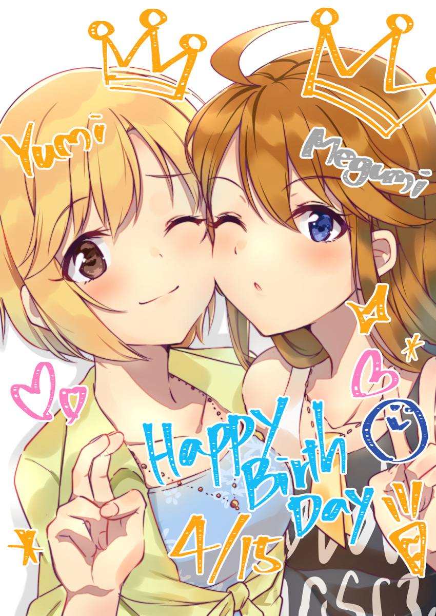 2girls ;) ;o ahoge aiba_yumi bent_v birthday_connection blonde_hair blush brown_hair character_name cheek-to-cheek collarbone crown dated happy_birthday heads_together heart highres idolmaster idolmaster_cinderella_girls idolmaster_million_live! looking_at_viewer multiple_girls one_eye_closed shiitake_taishi shirt simple_background smile tied_shirt tokoro_megumi upper_body v white_background