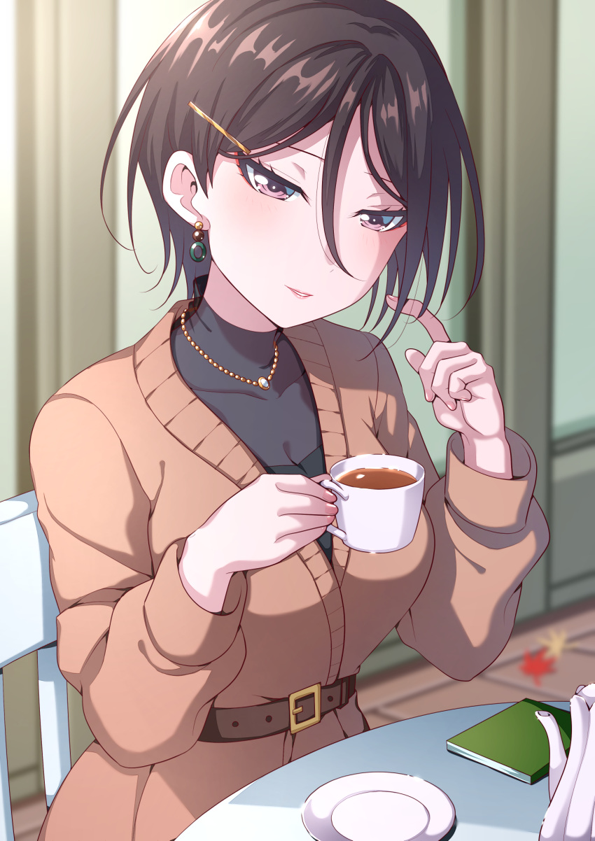 1girl asymmetrical_hair bang_dream! belt belt_buckle black_hair black_shirt blush book breasts brown_jacket buckle cup earrings hair_between_eyes hair_ornament hairclip hand_up highres holding holding_cup jacket jewelry kitayu large_breasts leaf lipstick long_sleeves looking_at_viewer makeup morfonica necklace on_chair plate shirt short_hair sitting smile solo table teeth upper_body violet_eyes yashio_rui