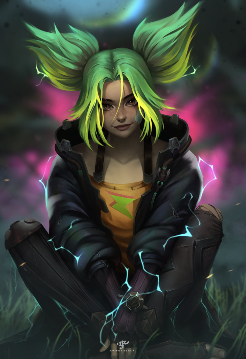 absurdres blurry blurry_background electricity facial_mark fingerless_gloves gloves green_hair highres indian_style jacket league_of_legends luifer_black sitting zeri_(league_of_legends)