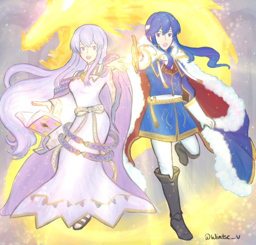 1boy 1girl blue_eyes blue_hair book boots brother_and_sister coat dress fire_emblem fire_emblem:_genealogy_of_the_holy_war floating floating_book floating_object fur_trim headband highres holding holding_weapon julia_(fire_emblem) long_hair looking_at_viewer magic pointing_sword ponytail purple_hair sandals sash seliph_(fire_emblem) siblings sword tyrfing_(fire_emblem) very_long_hair violet_eyes weapon white_headband wintse_v
