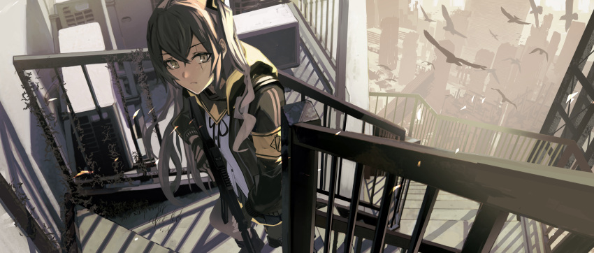 1girl absurdres armband bird black_ribbon brown_eyes brown_hair building chinese_commentary closed_mouth commentary expressionless fujita_(condor) girls_frontline grey_hair gun h&amp;k_ump highres jacket long_hair open_clothes open_jacket outdoors overgrown ribbon ruins scar scar_across_eye scar_on_face shirt skyscraper solo stairs standing submachine_gun ump45_(girls'_frontline) very_long_hair walking weapon white_shirt yellow_armband