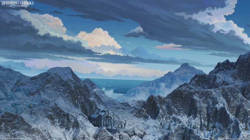 3d arsenixc blue_sky building clouds copyright_name highres mountain no_humans ocean official_art outdoors scenery shining_nikki sky snow water winter