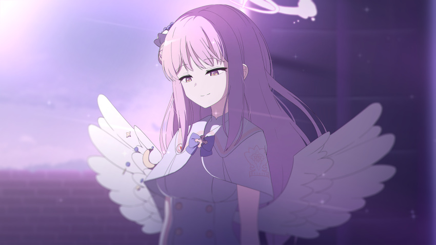 1girl angel_wings blue_archive breasts capelet closed_mouth dress feathered_wings halo highres long_hair medium_breasts mika_(blue_archive) nanju_bami pink_hair pink_halo smile solo upper_body white_capelet white_dress white_wings wings yellow_eyes