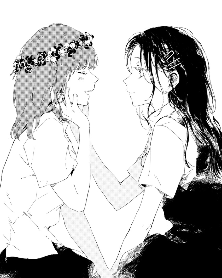 2girls flower_ring greyscale hair_ornament hand_in_another's_hair hand_in_own_hair highres holding_hands kakmxxxny06 kono_koi_wo_hoshi_ni_wa_negawanai light_smile looking_at_another monochrome multiple_girls sitting