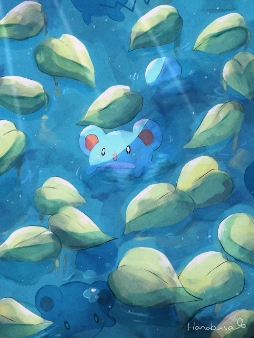 :o afloat animal_focus artist_name blue_skin bubble colored_skin commentary_request hanabusaoekaki highres leaf marill no_humans pokemon pokemon_(creature) solid_oval_eyes solo submerged tail water