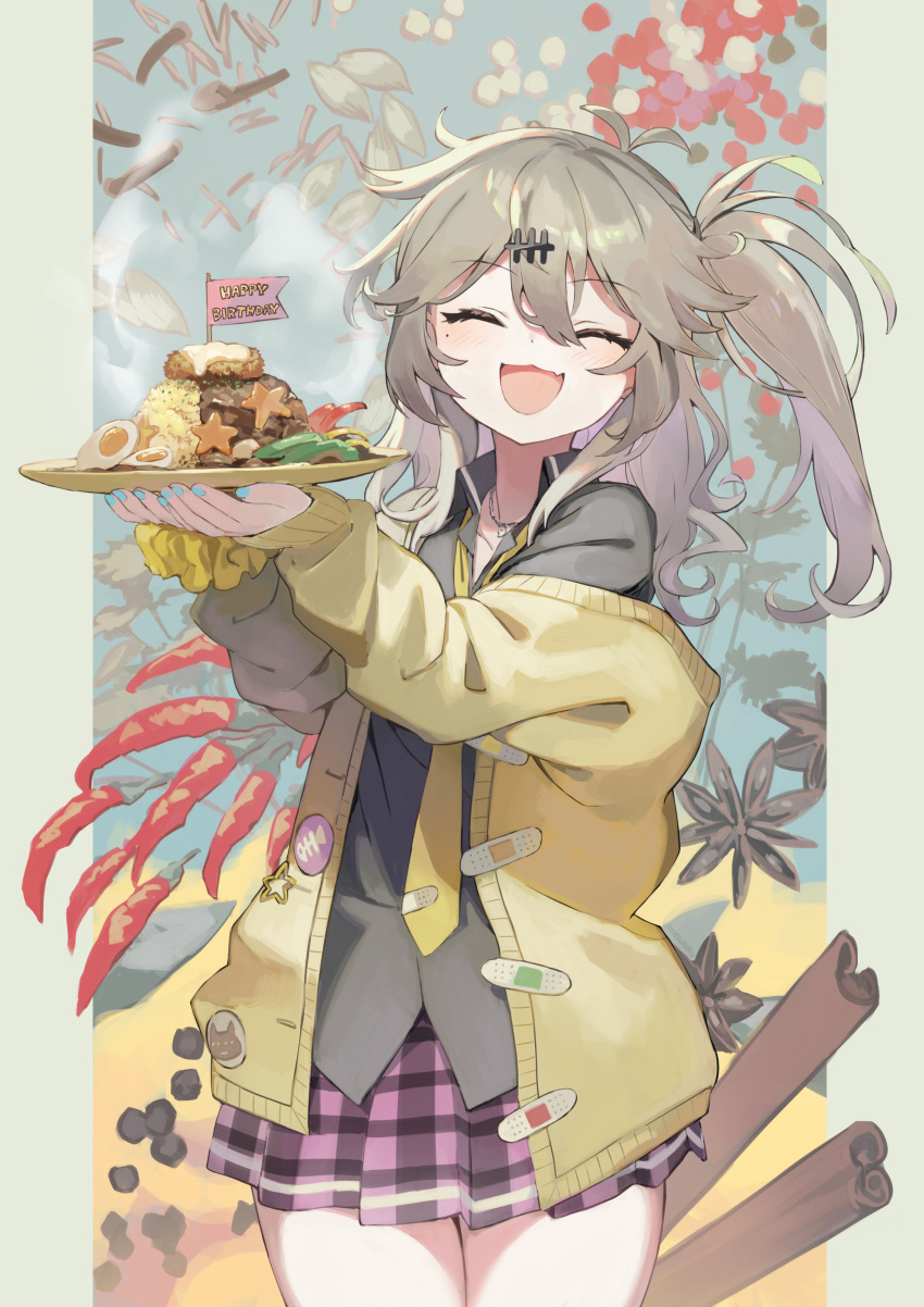1girl :3 absurdres blue_nails blush brown_hair cardigan chili_pepper cinnamon_stick closed_eyes commentary_request cowboy_shot fang food food-themed_background food_request hair_ornament hairclip hands_up happy_birthday highres holding holding_food holding_plate jewelry kasukabe_tsumugi kyo_mizusawa long_hair long_sleeves loose_necktie magatama magatama_necklace messy_hair mini_flag miniskirt mole mole_under_eye necklace necktie off_shoulder one_side_up open_cardigan open_clothes open_mouth outside_border pepper_(spice) pillarboxed plaid plaid_skirt plate pleated_skirt popped_collar purple_skirt scrunchie skin_fang skirt smile solo voicevox wrist_scrunchie yellow_cardigan yellow_necktie