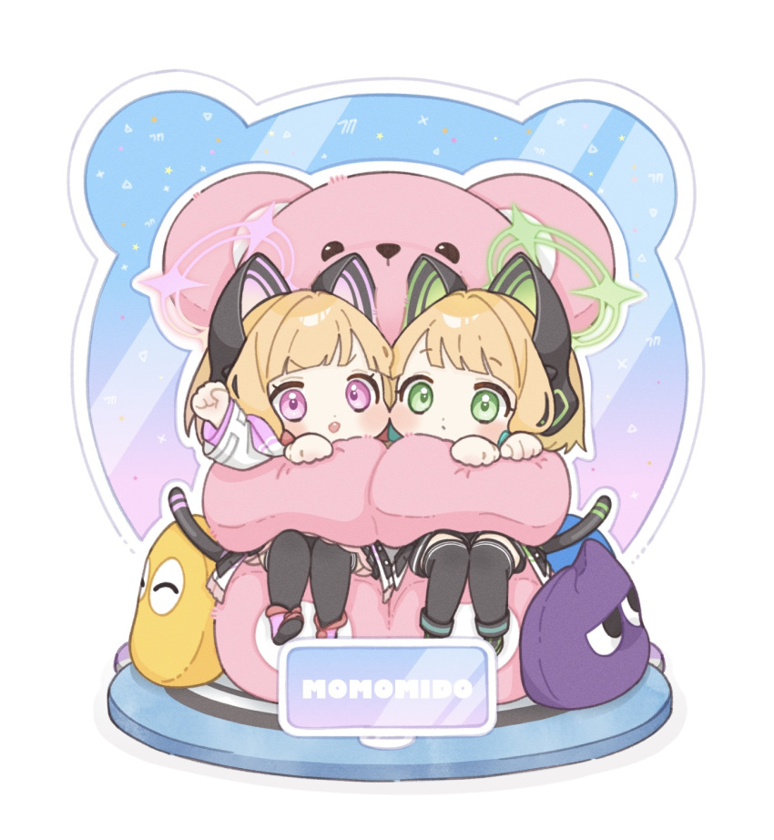 2girls animal_ear_headphones animal_ears black_thighhighs blonde_hair blue_archive cat_ear_headphones cat_ears cat_tail chibi closed_mouth commentary_request fake_animal_ears fake_tail green_eyes green_halo halo headphones highres looking_at_viewer midori_(blue_archive) momoi_(blue_archive) multiple_girls ochamaru open_mouth pink_eyes pink_halo short_hair siblings sisters sitting tail thigh-highs twins