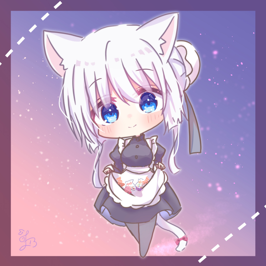 1girl absurdres alternate_costume animal_ear_fluff animal_ears apron black_pantyhose blue_eyes blunt_ends blush border bow cat_ears cat_tail chibi closed_mouth commentary_request enmaided eyes_visible_through_hair frilled_apron frills gradient_background hair_between_eyes hair_bun highres juliet_sleeves long_sleeves looking_at_viewer maid maid_apron naruse_shiroha one-hour_drawing_challenge pantyhose puffy_sleeves purple_border red_bow sidelocks signature simple_background single_hair_bun skirt_hold smile solo standing summer_pockets tail tail_bow tail_ornament utuigawa white_apron