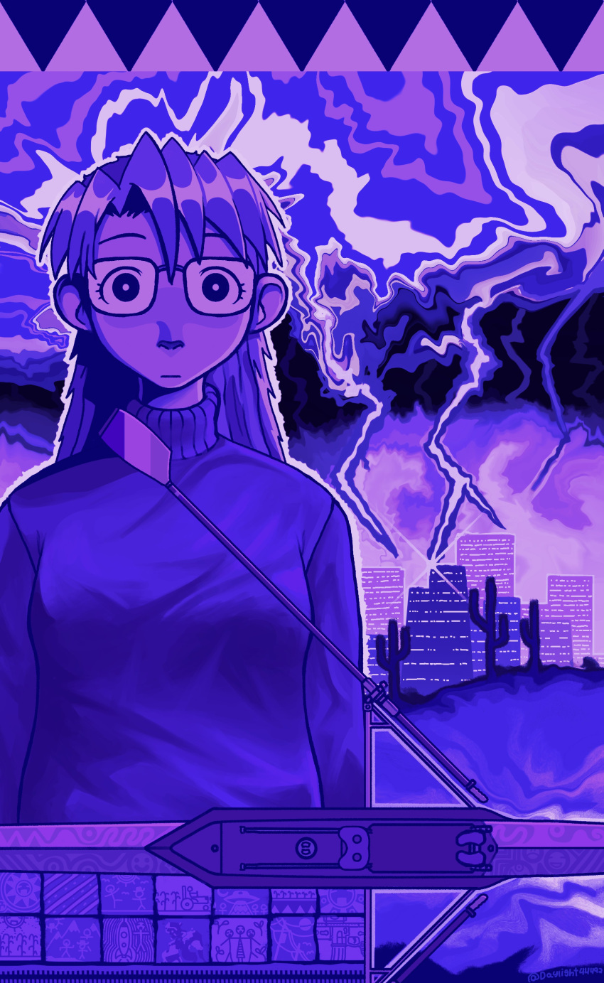 1girl absurdres building cactus city closed_mouth clouds daylight44492 glasses highres lightning long_hair looking_at_viewer original purple_theme solo sweater turtleneck turtleneck_sweater