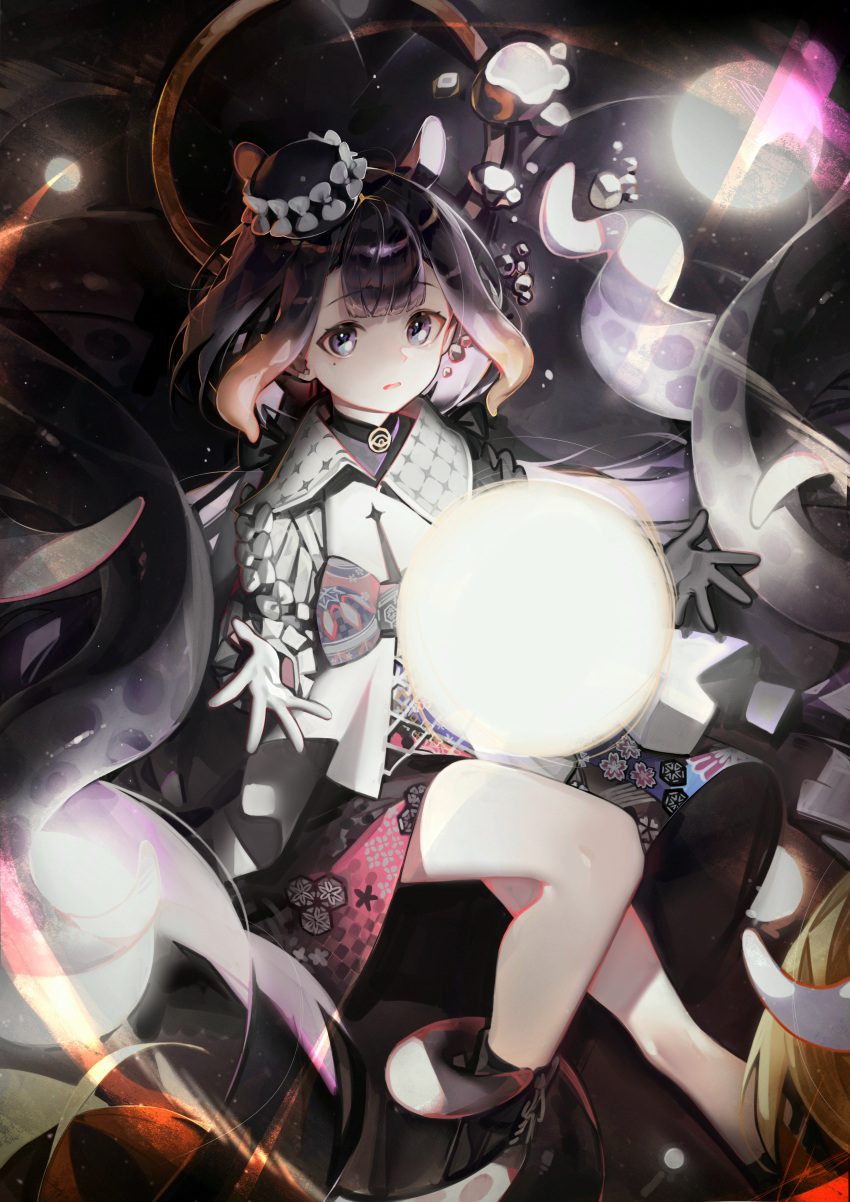 1girl absurdres black_gloves black_headwear blue_eyes blunt_bangs bubble coat dress floral_print frilled_sleeves frills gloves hat hat_ribbon highres hololive hololive_english knee_up long_sleeves looking_at_viewer mole mole_under_eye ninomae_ina'nis ninomae_ina'nis_(3rd_costume) orange_hair pale_skin patterned_clothing purple_hair ribbon ribiadan solo spread_fingers tentacles virtual_youtuber white_gloves white_ribbon