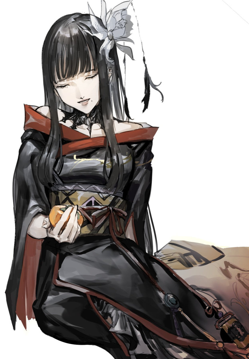 1girl bad_id bad_pixiv_id bare_shoulders black_collar black_hair black_kimono blunt_bangs blunt_ends closed_eyes collar collarbone commentary facing_viewer feet_out_of_frame final_fantasy final_fantasy_xiv flower food fruit hair_flower hair_ornament highres holding holding_food holding_fruit hyur inrou japanese_clothes kimono kuroge_(kewagyuu) lace_collar long_hair mole mole_under_mouth obi obiage obijime off_shoulder parted_lips persimmon red_trim sash sidelocks simple_background sitting smile solo straight_hair two-sided_fabric white_background white_flower yokozuwari yotsuyu_goe_brutus