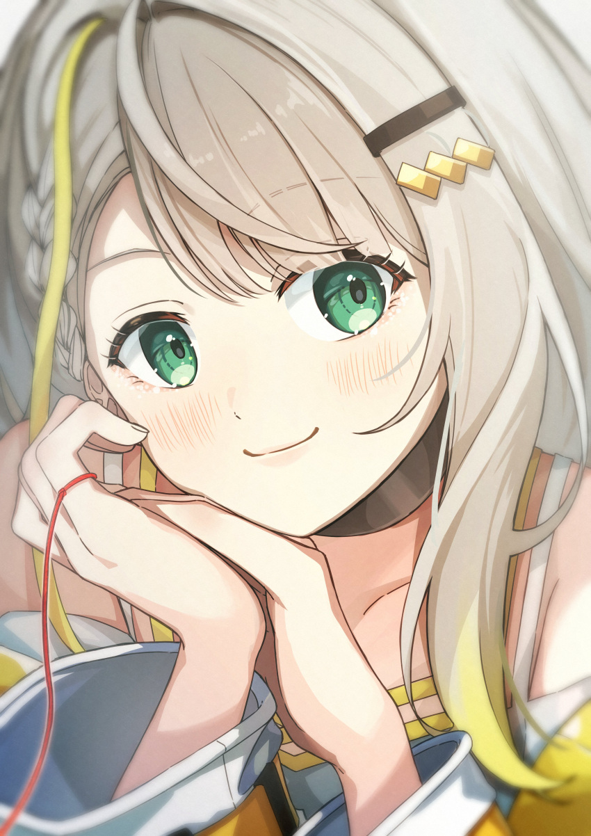1girl a.i._voice absurdres black_choker blonde_hair blurry blush braid choker closed_mouth collarbone commentary depth_of_field green_eyes grey_hair hair_ornament hairclip head_rest highres hymgkamui looking_at_viewer multicolored_hair off_shoulder own_hands_together portrait side_braid single_hair_intake smile solo spaghetti_strap streaked_hair string string_around_finger string_of_fate tsunose_kotone