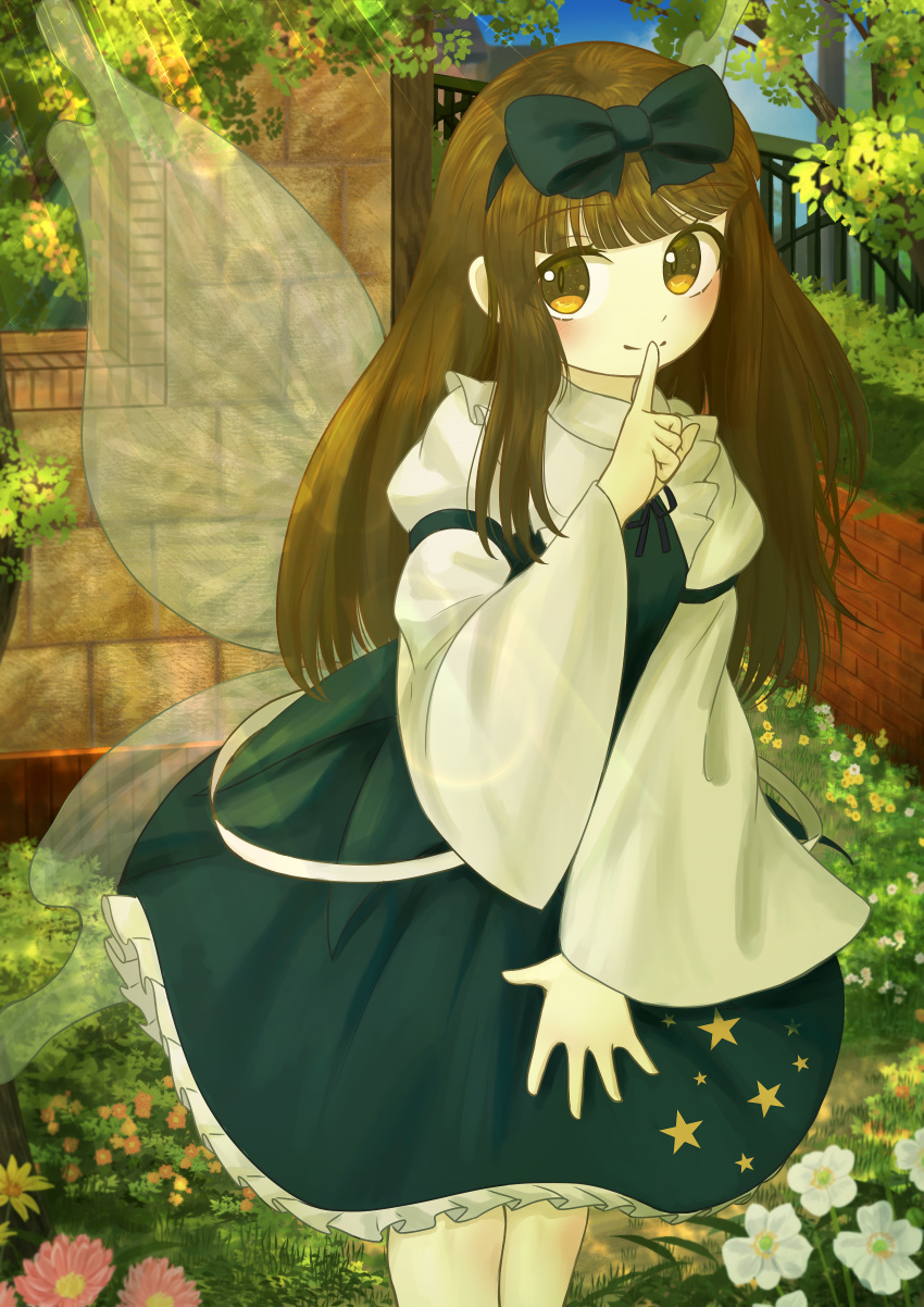 1girl absurdres blue_bow blue_dress blunt_bangs blush bow breasts brick_wall brown_eyes brown_hair closed_mouth commentary_request daisy dress ekaapetto fairy_wings finger_to_mouth flower frilled_shirt_collar frills grass hair_bow hairband hand_up highres index_finger_raised light_smile long_hair long_sleeves looking_to_the_side outdoors petticoat small_breasts solo star_(symbol) star_print star_sapphire touhou white_flower wide_sleeves window wings