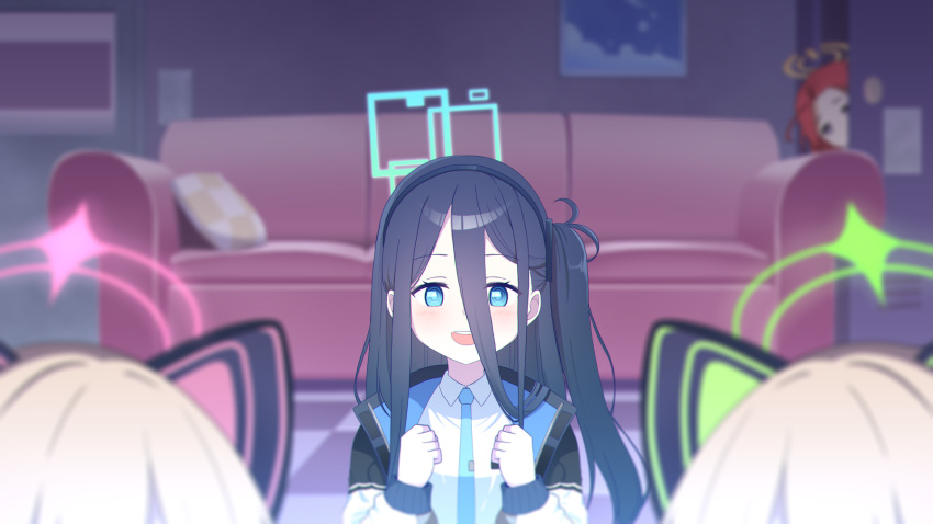 4girls absurdly_long_hair animal_ear_headphones animal_ears aris_(blue_archive) black_hair black_hairband blonde_hair blue_archive blue_eyes blue_halo checkered_floor collared_shirt couch fake_animal_ears game_development_department_(blue_archive) green_halo hairband halo headphones highres indoors long_hair long_sleeves midori_(blue_archive) momoi_(blue_archive) multiple_girls nanju_bami one_side_up pink_halo redhead ringed_eyes shirt siblings sisters twins very_long_hair white_shirt yellow_halo yuzu_(blue_archive)