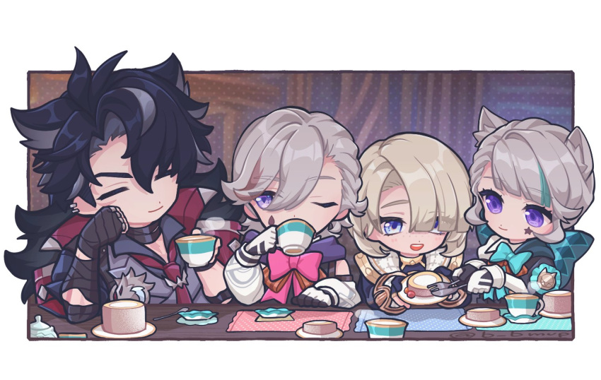 1girl 3boys :d ^_^ animal_ear_fluff animal_ears aqua_bow aqua_bowtie aqua_hair artist_name b_bmvp bandaged_arm bandaged_neck bandages black_capelet black_gloves black_hair black_shirt blonde_hair blue_eyes blunt_bangs border bow bowtie cake capelet cat_ears chibi closed_eyes closed_mouth coat coat_on_shoulders collared_shirt commentary_request cup detached_sleeves drinking ear_piercing eyes_visible_through_hair facial_mark fingerless_gloves food fork freckles freminet_(genshin_impact) fur-trimmed_coat fur_trim genshin_impact gloves grey_hair hair_between_eyes hair_over_one_eye hand_up hands_up head_rest holding holding_cup holding_fork holding_knife holding_plate huge_bow knife long_sleeves looking_at_another lynette_(genshin_impact) lyney_(genshin_impact) multicolored_hair multiple_boys necktie one_eye_closed open_mouth outside_border parted_bangs piercing pink_bow pink_bowtie placemat plate red_necktie redhead saucer shirt short_hair sidelocks sideways_glance sleeve_cuffs smile spoon star_(symbol) star_facial_mark steam streaked_hair swept_bangs table teacup teardrop_facial_mark teeth twitter_username two-tone_gloves upper_body upper_teeth_only violet_eyes white_border white_gloves white_sleeves wriothesley_(genshin_impact)