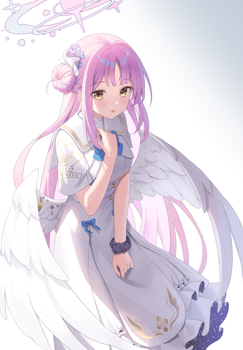 1girl :o absurdres beomko blue_archive blue_bow blue_bowtie bow bowtie breasts brown_eyes capelet commentary crescent dress feathered_wings flower hair_bun hair_flower hair_ornament hand_on_own_chest highres low_wings mika_(blue_archive) pink_hair scrunchie single_side_bun solo white_background white_capelet white_dress white_wings wing_ornament wings wrist_scrunchie