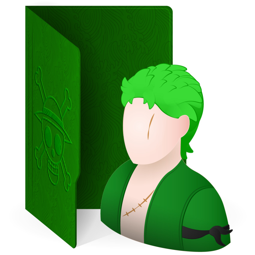 cropped_torso faceless folder green_hair green_skirt highres icon_(computing) non-web_source one_piece roronoa_zoro scar skirt