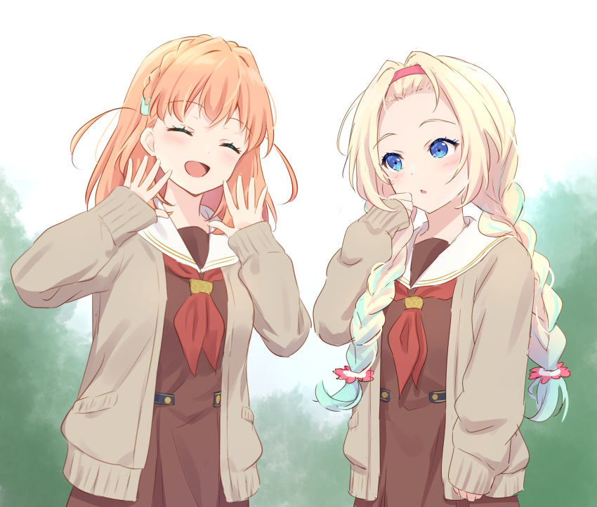 2girls absurdres blonde_hair blue_eyes braid brown_cardigan brown_dress cardigan closed_eyes commentary_request dress hair_ornament hand_on_own_face hand_up hands_up headband highres hinoshita_kaho link!_like!_love_live! long_hair looking_at_another love_live! multiple_girls neckerchief open_mouth orange_hair osawa_rurino rabbit_hair_ornament red_headband red_neckerchief school_uniform soramizuki twin_braids