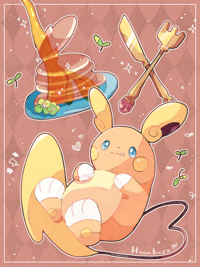 alolan_raichu animal_focus argyle argyle_background artist_name border brown_background butter_knife clover commentary_request food fork four-leaf_clover gold hanabusaoekaki heart highres lightning_bolt_symbol no_humans pancake plate pokemon pokemon_(creature) solid_oval_eyes solo sparkle sprout syrup tail tongue tongue_out white_border