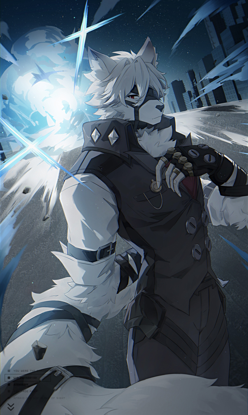 1boy 606_haochuangshangren absurdres animal_ears black_pants black_vest city commentary explosion eyepatch fingerless_gloves furry furry_male gloves highres male_focus mixed-language_commentary night night_sky one_eye_covered pants red_eyes shirt sky star_(sky) tail vest von_lycaon white_shirt wolf_boy wolf_ears wolf_tail zenless_zone_zero