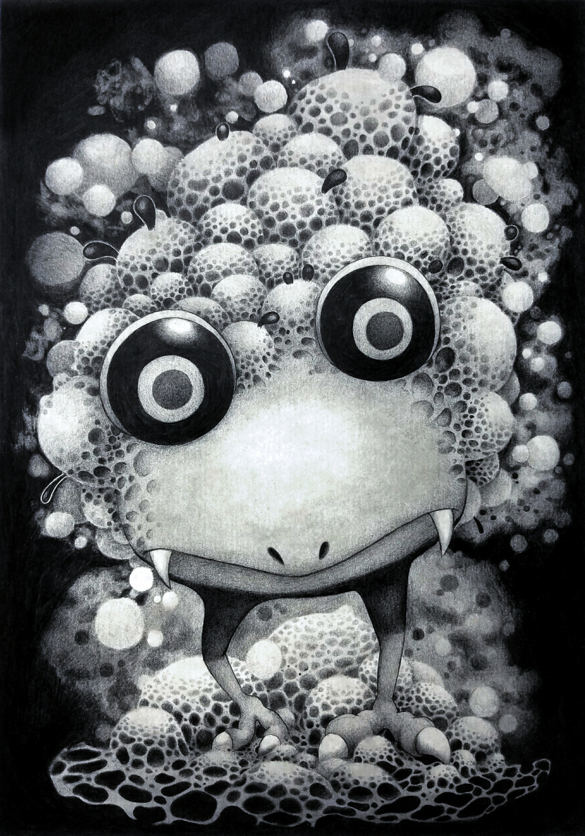 absurdres animal_focus bake_monochrome black_background commentary_request fangs fangs_out graphite_(medium) greyscale highres moldy_bulborb monochrome mushroom no_humans nostrils pikmin_(series) pikmin_4 solo straight-on traditional_media