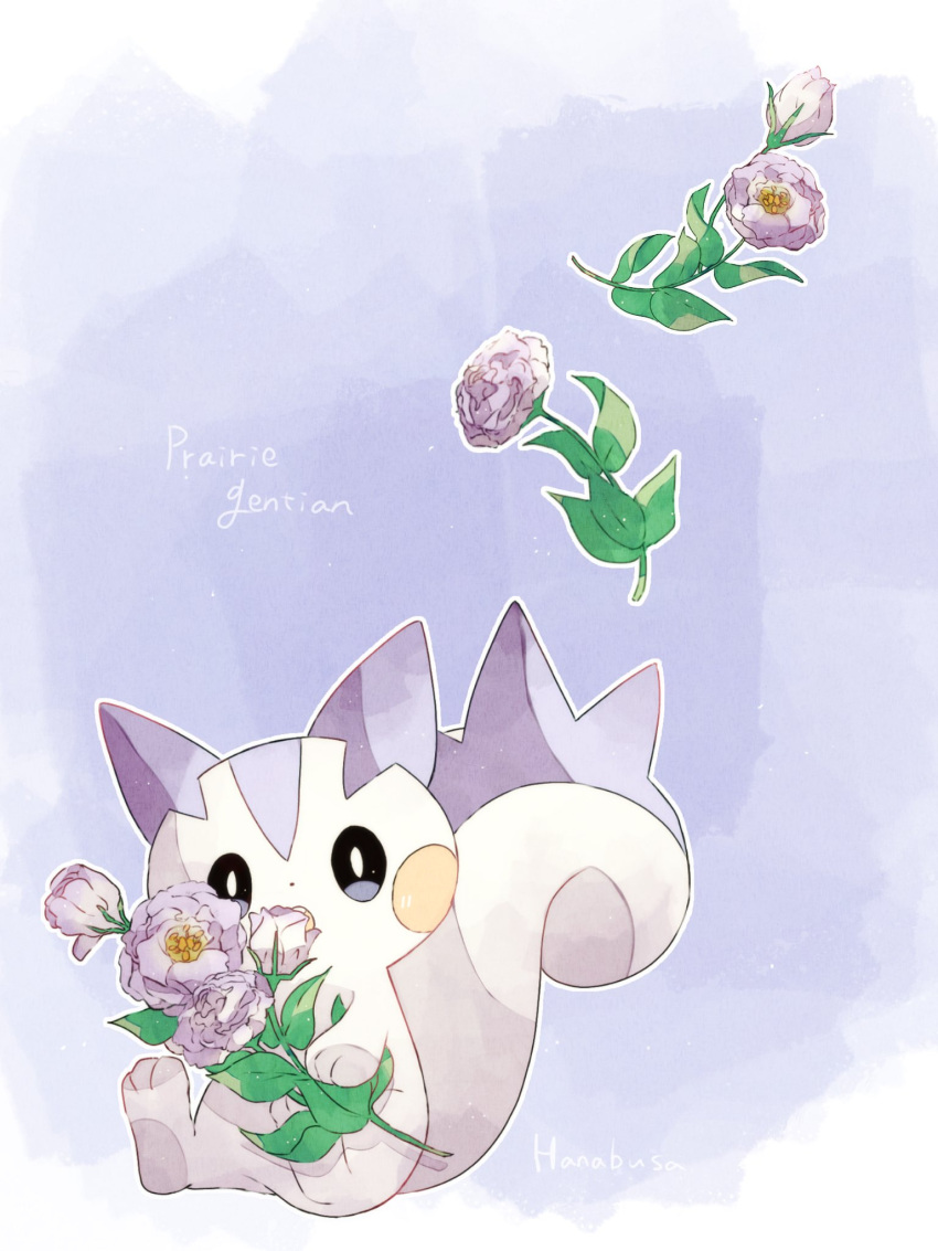 animal_focus artist_name blue_background colored_skin commentary_request dot_nose flower hanabusaoekaki highres holding holding_flower leaf no_humans pachirisu pokemon pokemon_(creature) purple_flower sitting solid_oval_eyes solo squirrel tail white_skin