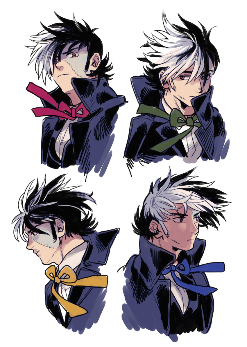 1boy black_coat black_hair black_jack_(character) black_jack_(series) black_vest blue_ribbon coat collared_shirt cropped_torso expressionless expressions floating_hair glaring green_ribbon highres long_sideburns looking_at_viewer male_focus mame_moyashi multicolored_hair multiple_views neck_ribbon parted_lips red_eyes red_ribbon ribbon scar scar_on_cheek scar_on_face serious shirt short_hair sideburns simple_background split-color_hair stitched_face stitches two-tone_hair upper_body vest white_background white_hair white_shirt wind wind_lift wing_collar yellow_ribbon