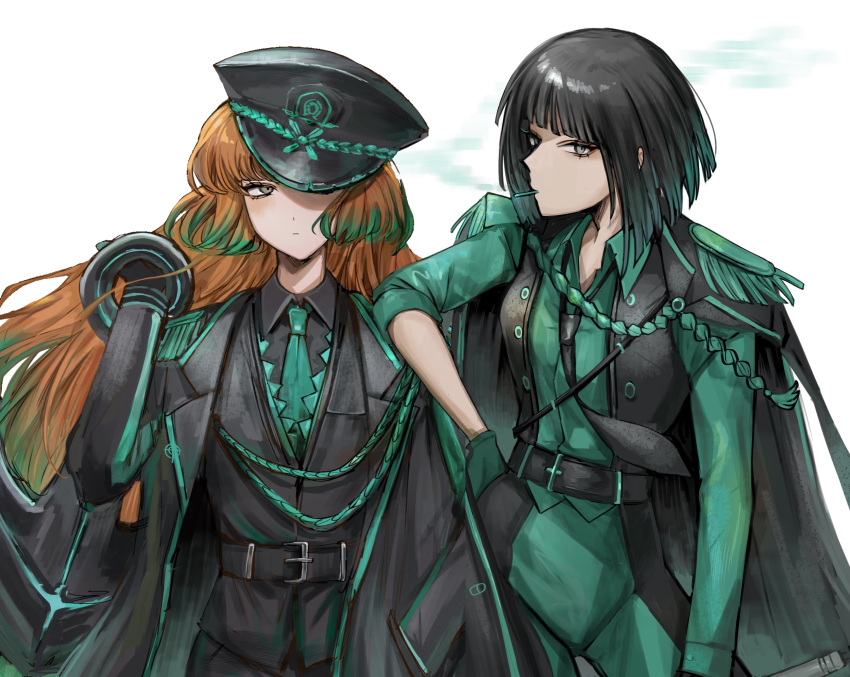2girls aiguillette anchor belt black_belt black_coat black_gloves black_hair black_headwear black_pants black_vest cigarette closed_mouth coat colored_tips e.g.o_(project_moon) epaulettes gloves gradient_hair green_hair green_necktie hand_in_pocket hand_up hat highres holding holding_anchor ishmael_(limbus_company) limbus_company long_hair long_sleeves looking_at_viewer military_hat multicolored_hair multiple_girls na-gyou_(nunumaru) necktie orange_hair pants peaked_cap project_moon ryoshu_(limbus_company) short_hair sidelocks simple_background solo very_long_hair vest white_background