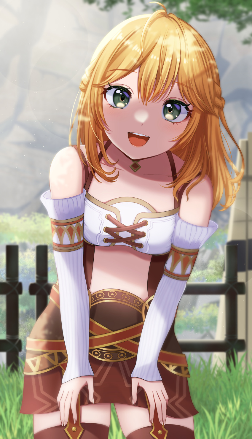 1girl absurdres blonde_hair detached_sleeves fence fiora_(xenoblade) grass green_eyes highres long_hair looking_at_viewer midriff miniskirt open_mouth sani_(saaanii) skirt smile solo thigh-highs xenoblade_chronicles_(series) xenoblade_chronicles_1