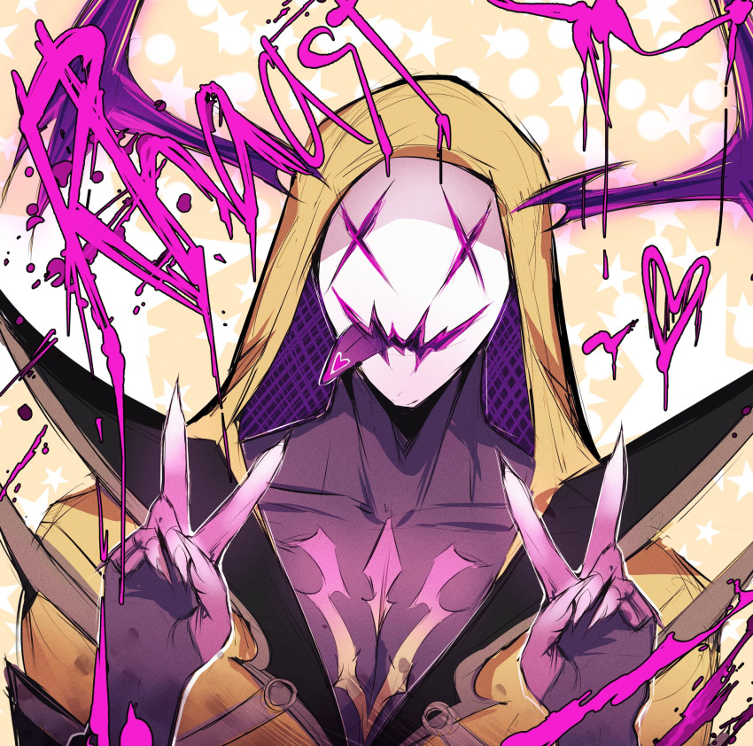1boy character_name colored_skin colored_tongue commentary demon demon_horns fingernails heart heartsteel_rhaast highres hood hoodie horns league_of_legends looking_at_viewer male_focus official_alternate_costume purple_skin purple_tongue rhaast solo tongue tongue_out upper_body v yellow_hoodie zyrophin