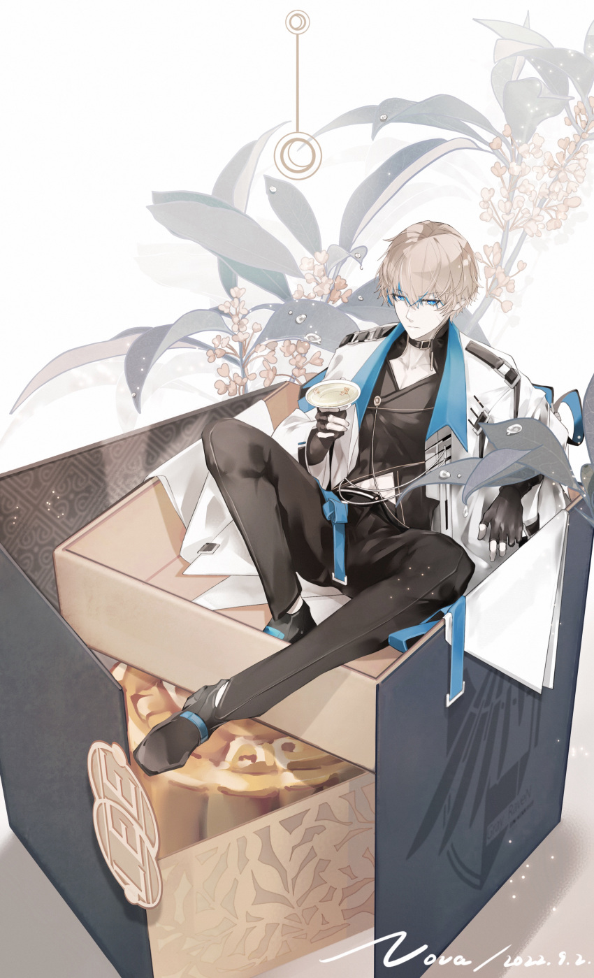 1boy abs absurdres alternate_costume belt black_footwear black_gloves black_pants black_shirt blonde_hair blue_belt blue_eyes box chinese_commentary clothing_cutout coat commentary crossed_bangs cup dated emblem fingerless_gloves flower flower_request food full_body gloves hair_between_eyes highres holding holding_cup in_box in_container leaf lee:_entropy_(punishing:_gray_raven) lee_(punishing:_gray_raven) male_focus mid-autumn_festival midriff_peek mooncake multicolored_hair nnnnnova open_clothes open_coat pants procreate_(medium) punishing:_gray_raven scar scar_on_cheek scar_on_face shirt short_hair signature sitting solo stomach_cutout streaked_hair tea toned toned_male two-sided_fabric water_drop white_coat