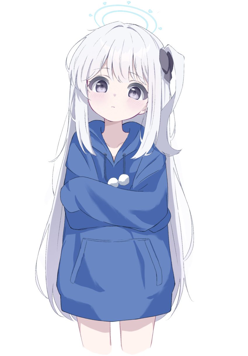 1girl alternate_costume black_bow blue_archive blue_hair blue_halo blue_hoodie bow closed_mouth collarbone cram960 crossed_arms double-parted_bangs hair_between_eyes hair_bow hair_intakes halo head_tilt highres hood hood_down hoodie light_blue_hair light_blush long_hair looking_at_viewer miyako_(blue_archive) one_side_up simple_background sleeves_past_fingers sleeves_past_wrists solo very_long_hair violet_eyes white_background