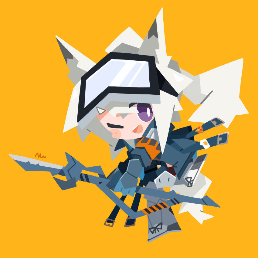 1girl :d absurdres animal_ears arknights blue_jacket blush chibi commentary full_body goggles goggles_on_head grani_(arknights) grey_hair highres holding holding_polearm holding_weapon jacket nuu_(nu-nyu) one_eye_closed open_mouth orange_background polearm simple_background smile solo squirrel_ears squirrel_girl squirrel_tail tail teeth thick_eyebrows upper_teeth_only violet_eyes weapon