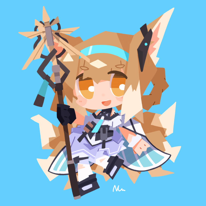 1girl :d animal_ears arknights bare_shoulders black_footwear black_gloves blue_background blue_hairband blush braid braided_hair_rings brown_hair chibi clothing_cutout colored_tips commentary_request dress earpiece fox_ears fox_girl fox_tail full_body gloves hair_rings hairband highres holding holding_staff kitsune kyuubi looking_at_viewer multicolored_hair multiple_tails nuu_(nu-nyu) open_mouth oripathy_lesion_(arknights) purple_dress short_hair short_sleeves shoulder_cutout simple_background single_glove single_wrist_cuff smile solo staff suzuran_(arknights) tail teeth thick_eyebrows twin_braids upper_teeth_only wrist_cuffs yellow_eyes