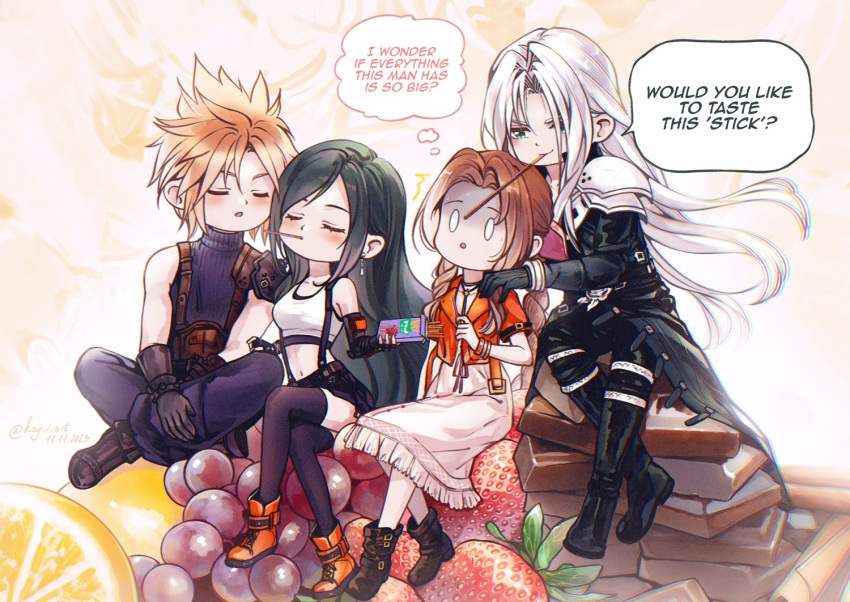 2boys 2girls ^^^ aerith_gainsborough armor baggy_pants bangle bare_shoulders black_coat black_footwear black_gloves black_hair black_pants black_skirt black_thighhighs blonde_hair blush boots bracelet braid braided_ponytail breasts brown_hair chocolate closed_eyes cloud_strife coat commentary couple crop_top crossed_legs dress earrings elbow_gloves english_commentary english_text final_fantasy final_fantasy_vii final_fantasy_vii_remake food food_in_mouth fruit full_body gloves grapes green_eyes grey_hair hair_ribbon hand_on_another's_shoulder hetero holding holding_food holding_pocky incoming_pocky_kiss indian_style jacket jewelry kay-i lemon lemon_slice long_hair medium_breasts midriff multiple_boys multiple_girls navel pants parted_bangs parted_lips pink_dress pink_ribbon pocky pocky_day pocky_in_mouth red_footwear red_jacket ribbed_sweater ribbon sephiroth shoulder_armor sidelocks single_bare_shoulder single_earring sitting skirt sleeveless sleeveless_turtleneck speech_bubble spiky_hair strawberry suspender_skirt suspenders sweater swept_bangs tank_top teardrop_earrings thigh-highs tifa_lockhart turtleneck turtleneck_sweater very_long_hair white_tank_top zettai_ryouiki