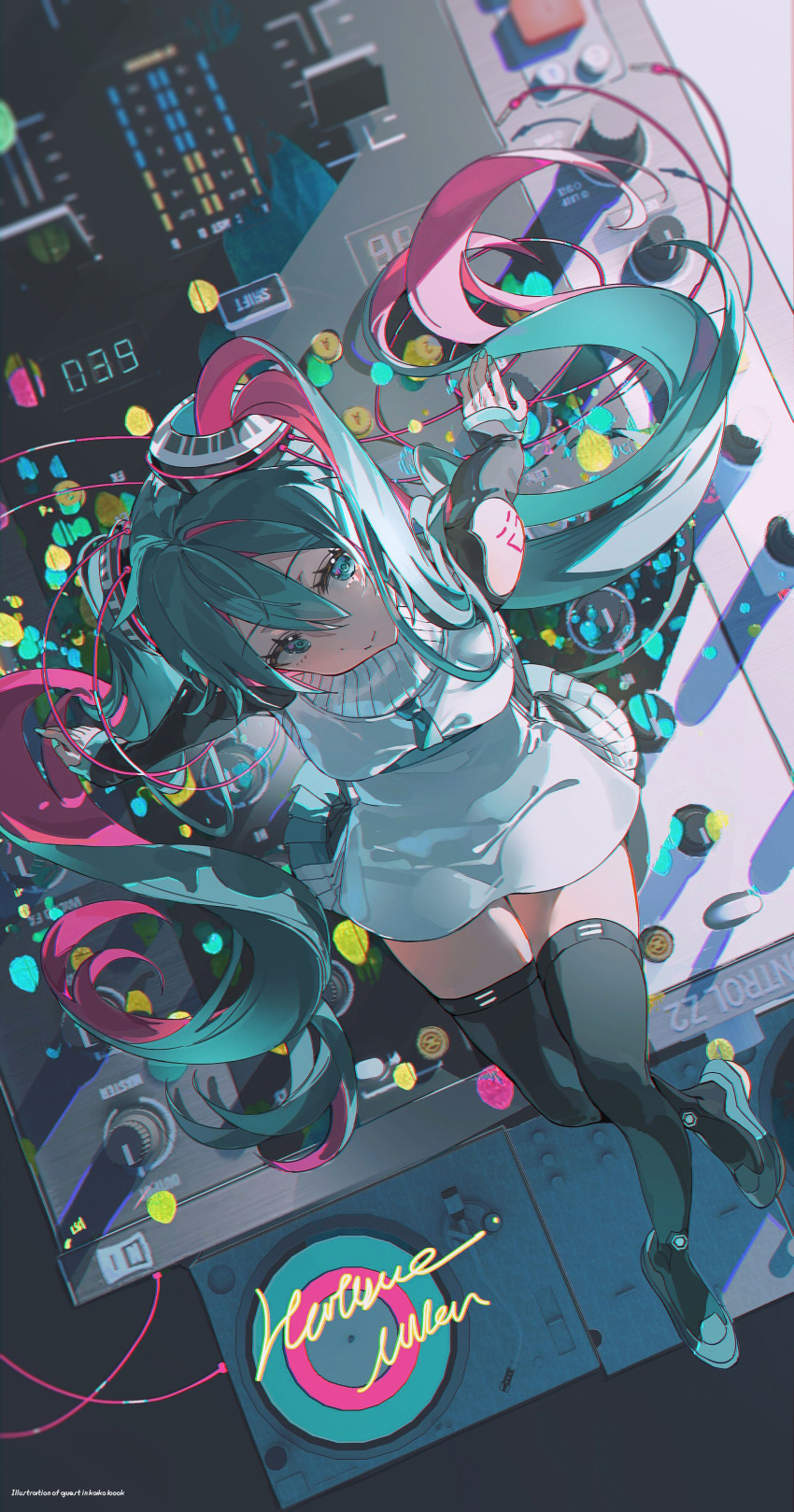 1girl absurdres aqua_eyes aqua_hair black_sleeves black_thighhighs blush detached_sleeves dress from_above hatsune_miku highres long_hair looking_at_viewer smile solo sweater sweater_dress thigh-highs turtleneck turtleneck_sweater twintails very_long_hair vocaloid white_sweater z3zz4