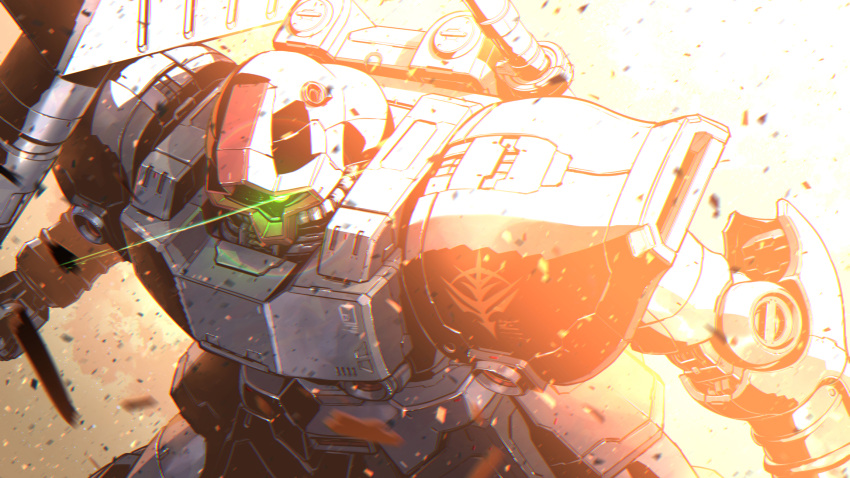 arms_at_sides bazooka_(gundam) commentary_request debris explosion eye_trail glowing glowing_eye green_eyes gun gundam gundam_0080 highres holding holding_gun holding_weapon kuri_giepi light_trail mecha mobile_suit no_humans one-eyed rick_dom_ii robot roundel science_fiction solo upper_body weapon zeon