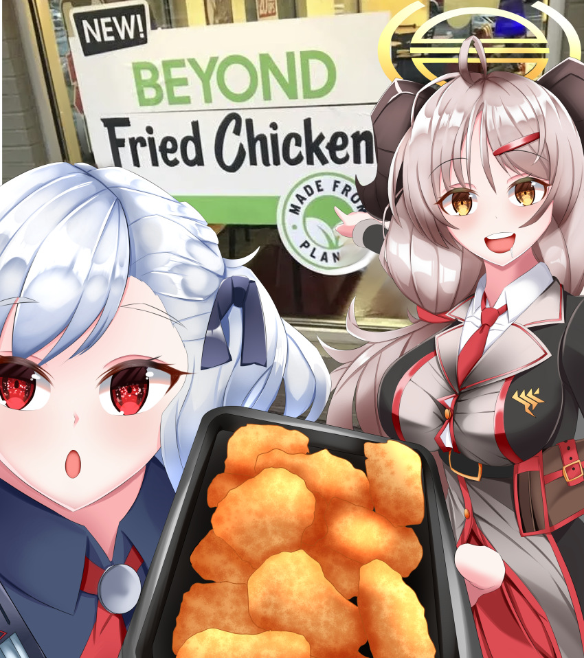 2girls absurdres beyond_meat blue_archive blue_hair breasts brown_hair commentary_request crossover english_text food fried_chicken girls_frontline halo highres holding holding_tray izumi_(blue_archive) kim_annie korean_commentary meme multiple_girls parody photo_background pointing red_eyes spas-12_(girls'_frontline) tray two_soyjaks_pointing_(meme) yellow_eyes