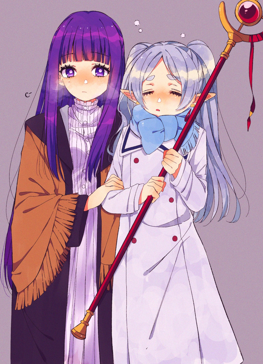 2girls =3 blue_eyes blue_hair breath closed_eyes coat cold commentary cowboy_shot dangle_earrings earrings elf fern_(sousou_no_frieren) frieren hand_on_another's_arm highres holding holding_staff jewelry long_hair looking_at_viewer mage_staff multiple_girls parted_bangs pointy_ears rumic_0620 scarf shawl simple_background sleep_bubble sleepy sousou_no_frieren staff twintails white_hair