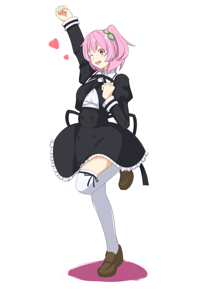 1girl absurdres arm_up assault_lily black_ribbon black_skirt blush breasts brown_footwear buttons clover commentary_request cropped_jacket four-leaf_clover frilled_skirt frills full_body hand_up heart high-waist_skirt highres hitotsuyanagi_riri juliet_sleeves leg_ribbon leg_up loafers long_sleeves looking_at_viewer medium_breasts miniskirt neck_ribbon one_eye_closed one_side_up open_mouth outstretched_arm pink_eyes pink_hair puffy_sleeves ribbon school_uniform senri_(senri03151221) shirt shoes short_hair simple_background skirt smile solo standing standing_on_one_leg thigh-highs thigh_ribbon white_background white_shirt white_thighhighs yurigaoka_girls_academy_school_uniform