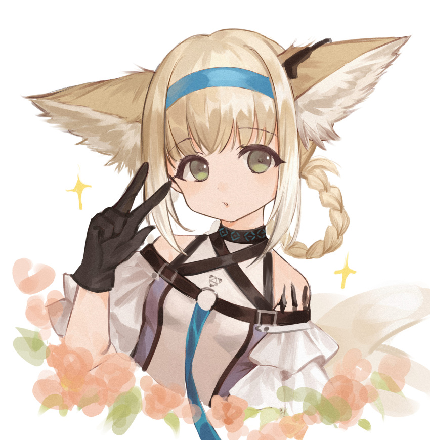 1girl animal_ear_fluff animal_ears arknights bare_shoulders black_collar black_gloves blue_hairband braid braided_hair_rings chinese_commentary clothing_cutout collar commentary cropped_torso earpiece fox_ears fox_girl gloves green_eyes hair_rings hairband highres infection_monitor_(arknights) onigiri_(233) oripathy_lesion_(arknights) parted_lips short_sleeves shoulder_cutout solo suzuran_(arknights) twin_braids v