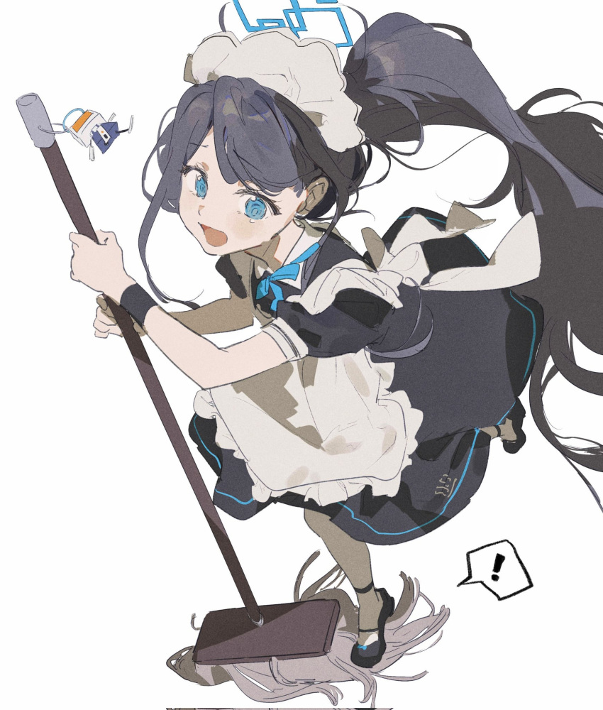 &lt;key&gt;_(robot)_(blue_archive) 1girl absurdly_long_hair apron aris_(blue_archive) aris_(maid)_(blue_archive) black_dress black_footwear black_hair blue_archive blue_eyes blue_halo corrupted_twitter_file dress frilled_apron frills full_body halo highres long_hair maid maid_apron maid_headdress mop official_alternate_costume open_mouth puffy_short_sleeves puffy_sleeves shoes short_sleeves simple_background solo very_long_hair white_apron white_background yu1619khz
