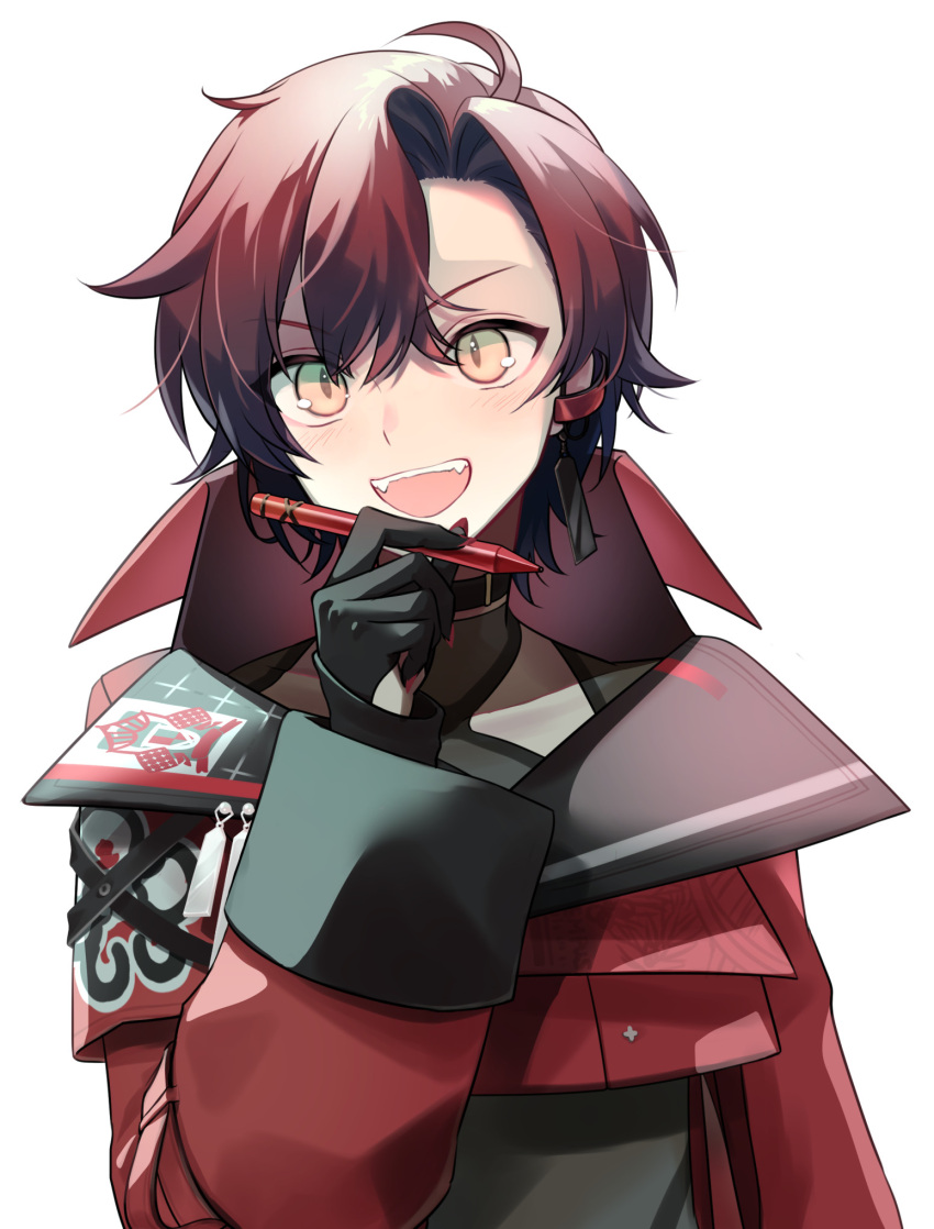 1boy ahoge black_choker black_gloves black_hair choker cropped_jacket earrings fangs gloves gradient_hair green_eyes hair_between_eyes half_gloves highres holding holding_stylus holostars holostars_english jewelry looking_ahead luma8b machina_x_flayon male_focus multicolored_hair open_mouth redhead short_hair slit_pupils smile solo stylus two-tone_hair upper_body virtual_youtuber white_background