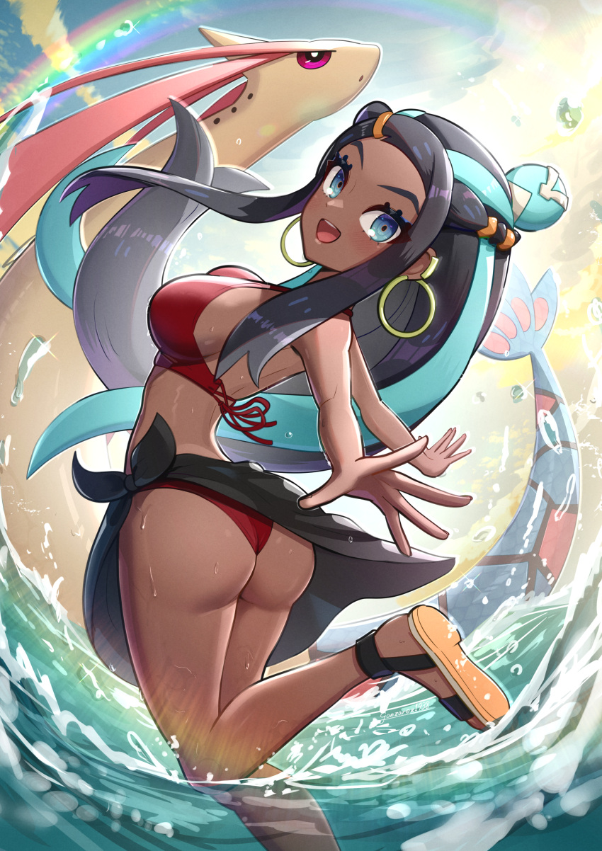 1girl absurdres ass bikini braid breasts dark_skin earrings from_behind gonzarez halterneck highres jewelry large_breasts long_hair looking_at_viewer milotic multicolored_hair nessa_(pokemon) open_mouth pokemon pokemon_(creature) pokemon_(game) sandals sideboob smile swimsuit swimsuit_cover-up wet